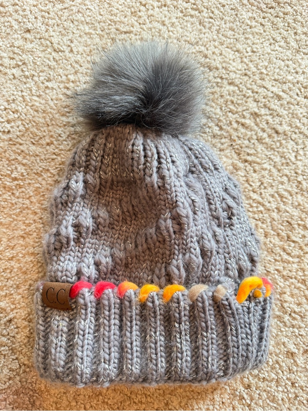 C.C Kids Gray Knit Pom Beanie with Neon Braided Trim